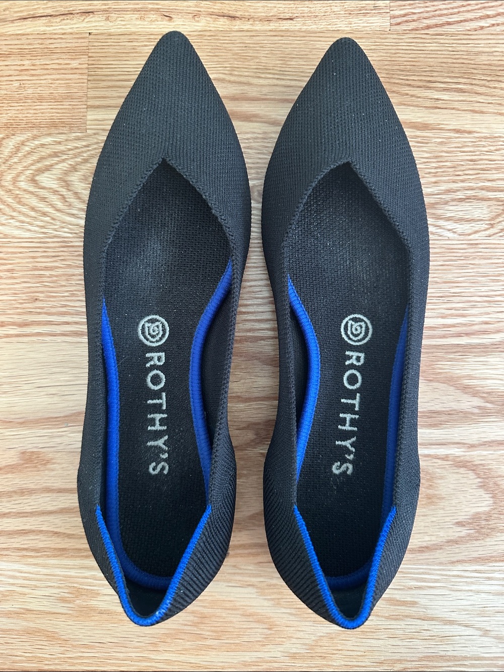 Rothy's Black Pointed Knit Flats with Blue Accent